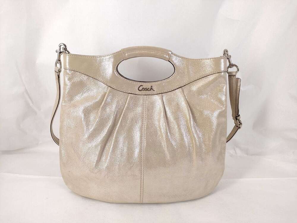 Coach Lexi Champagne Gold Metallic Leather Pleated Cutout Handle Hobo Bag 14079